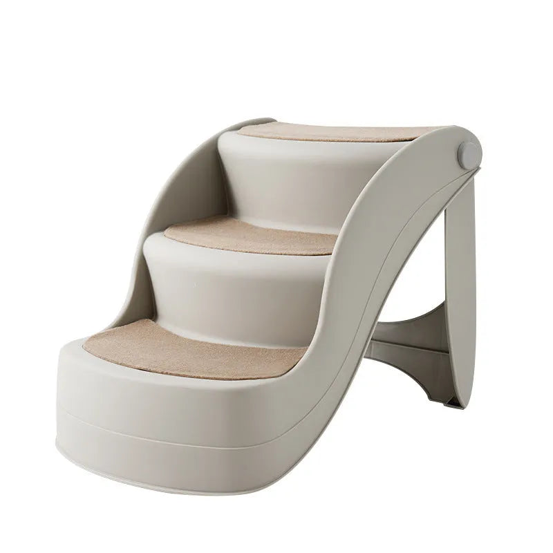 Foldable grey plastic pet stairs with three steps and non-slip mats for small dogs and cats.
