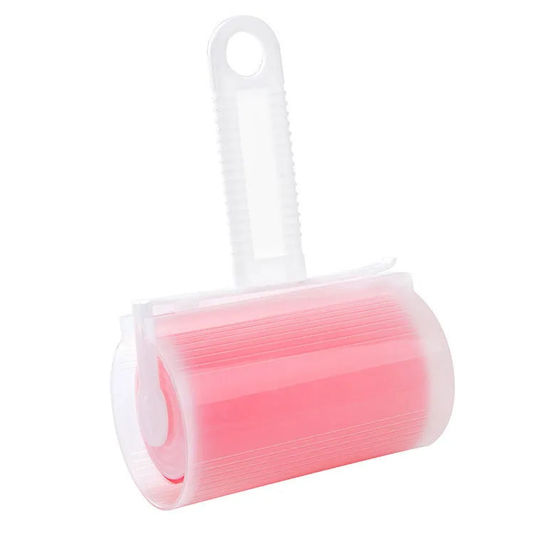 Reusable lint roller with cover in blue, green, pink, and yellow colours for removing pet hair from clothes and sofas