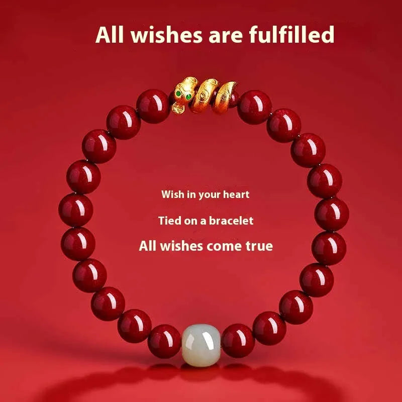 Handmade cinnabar snake zodiac bracelet with roll beads, shown in Chinese style.
