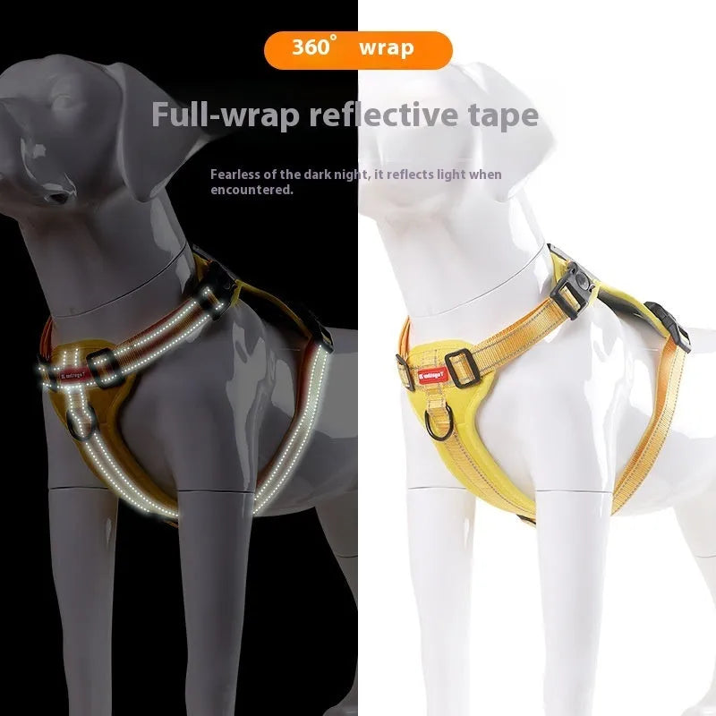 Polyester dog chest harness traction rope in red, shown in a medium size on a dog