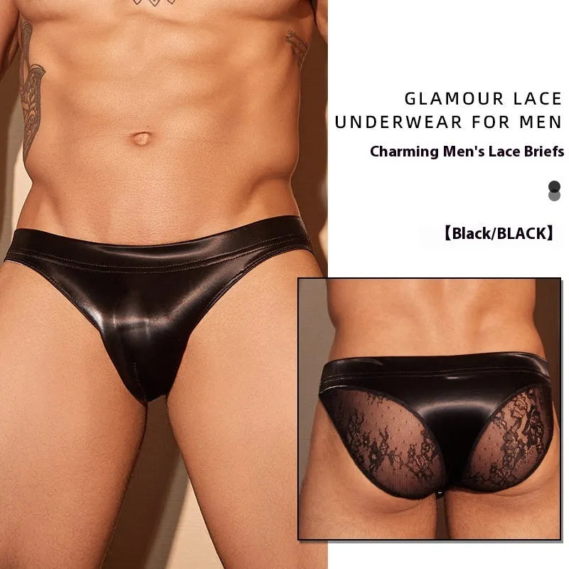 Men's black shark skin lace hip briefs showing textured fabric and hip-hugging fit
