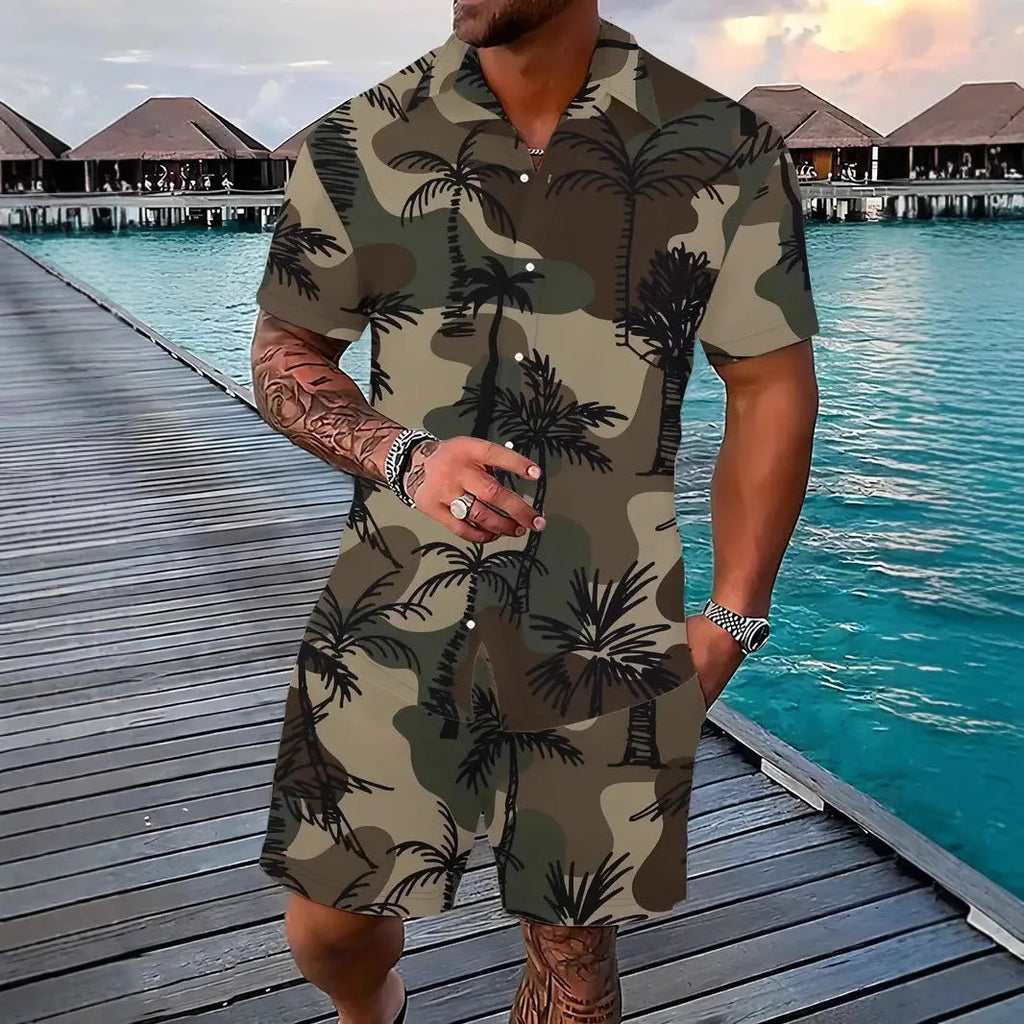 Man wearing a short sleeve Hawaiian print shirt and matching shorts, a casual polyester suit set.