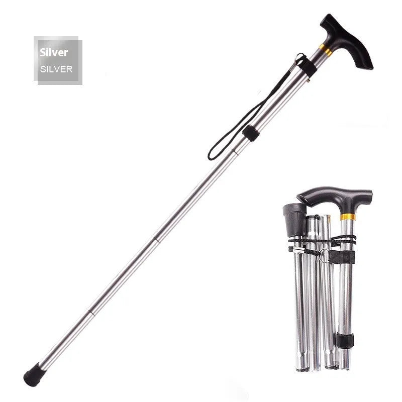 Aluminium alloy folding walking cane shown extended and collapsed, with non-slip handle.