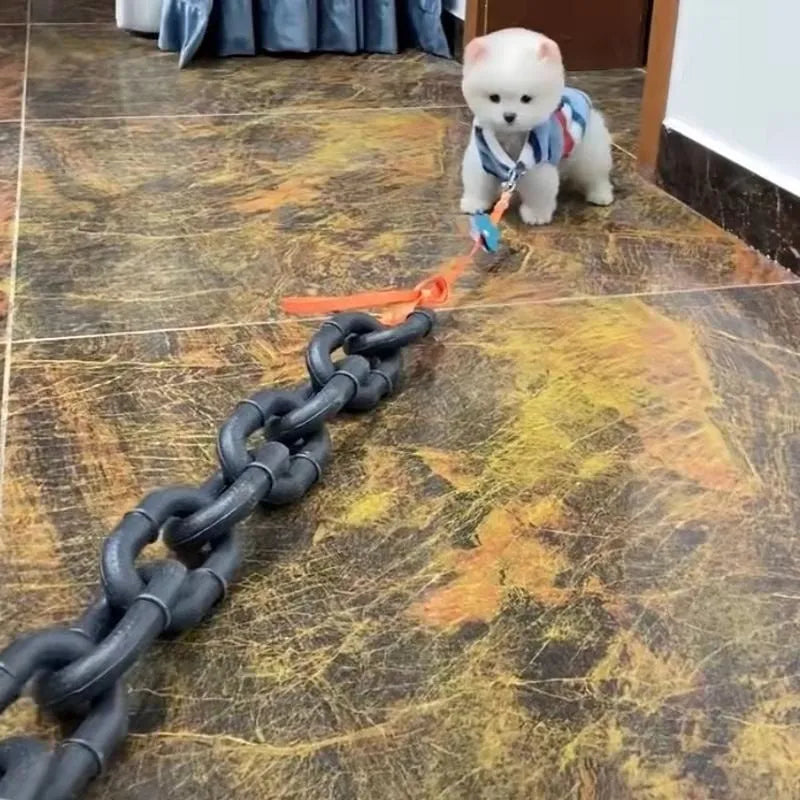 PP plastic simulation dog leash prop in bronze, antique silver, and black colours showing different lengths.