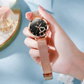 Women's fashion watch with mesh strap and Rose shell case showing six colour face options
