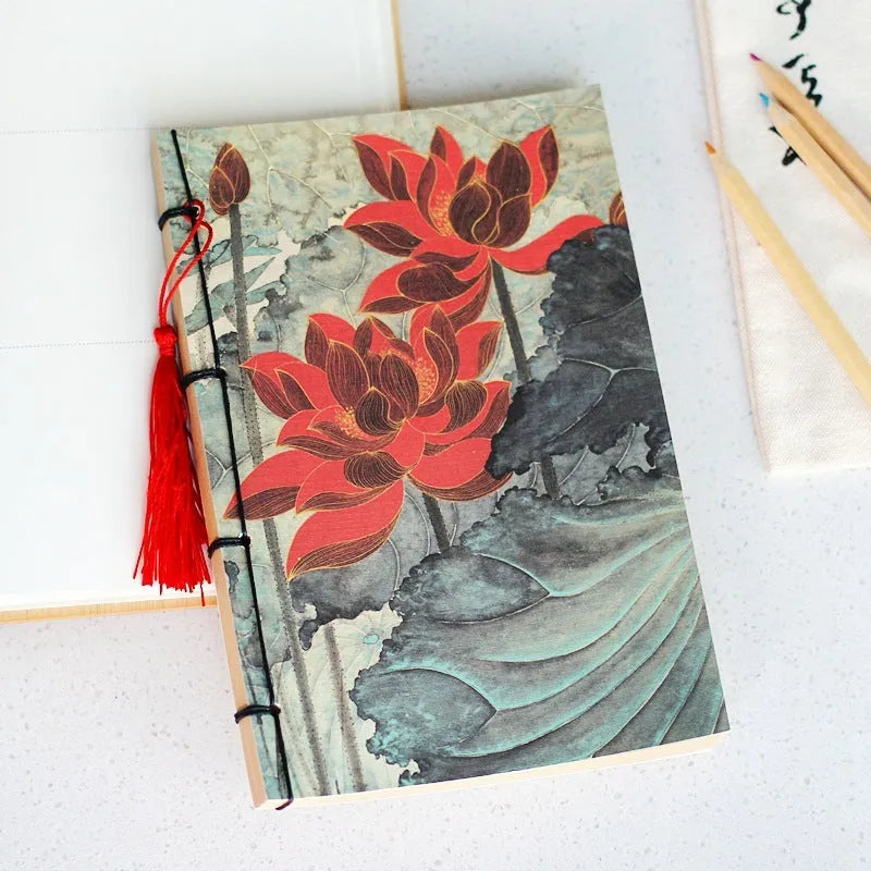 A5 antique wire-bound notebook with retro Chinese painting design on glossy embossed cover