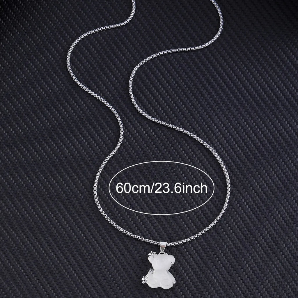 White K-color alloy bear pendant on titanium steel lock chain necklace