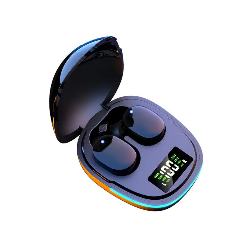 Black true wireless Bluetooth in-ear headphones with a charging case showing digital battery display.