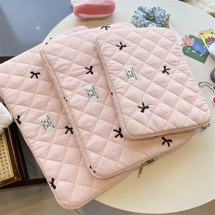 Notebook storage bag with rhombus embroidery and bow decoration in nylon fabric