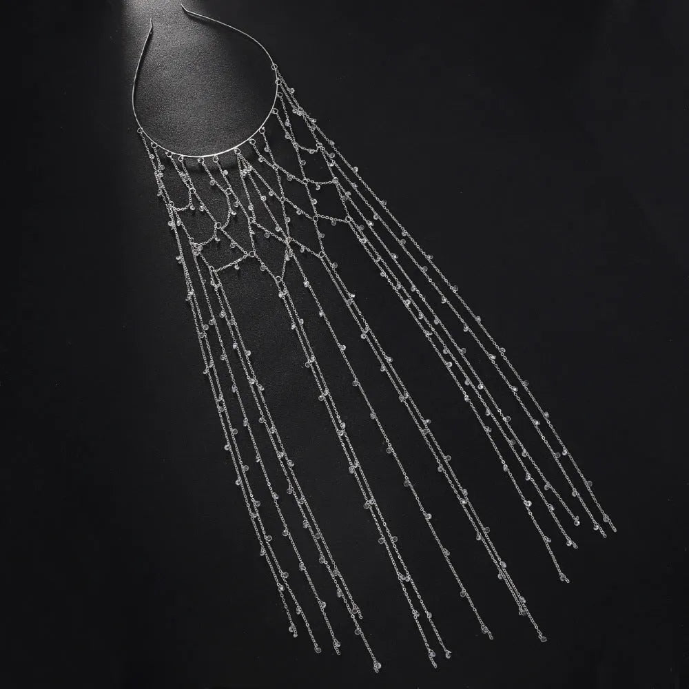 Gold or silver electroplated mesh rhinestone headband with decorative tassel hair accessory