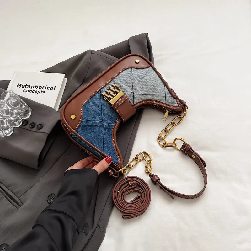 Brown denim women's shoulder bag with diamond chain detail and adjustable double straps