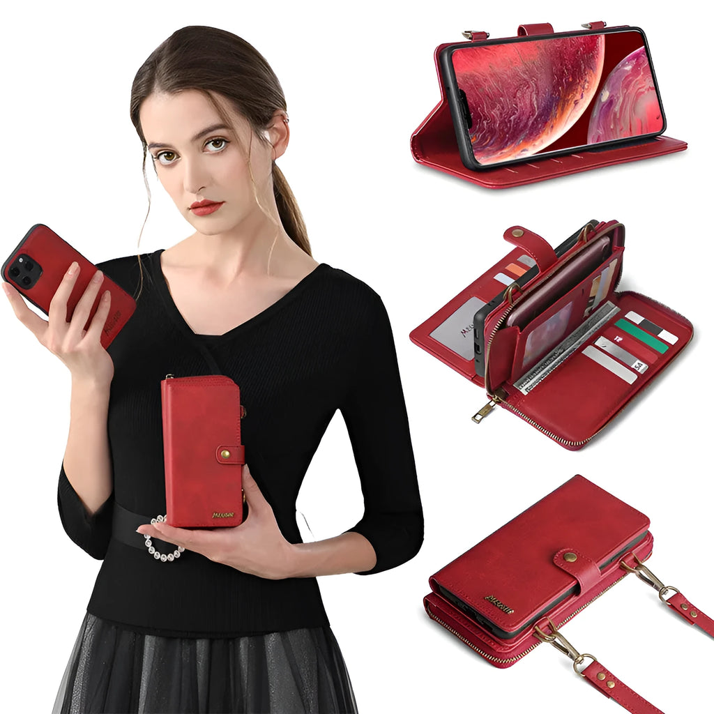 Detachable wallet backpack phone case with leather flip cover for iPhone and Samsung phones
