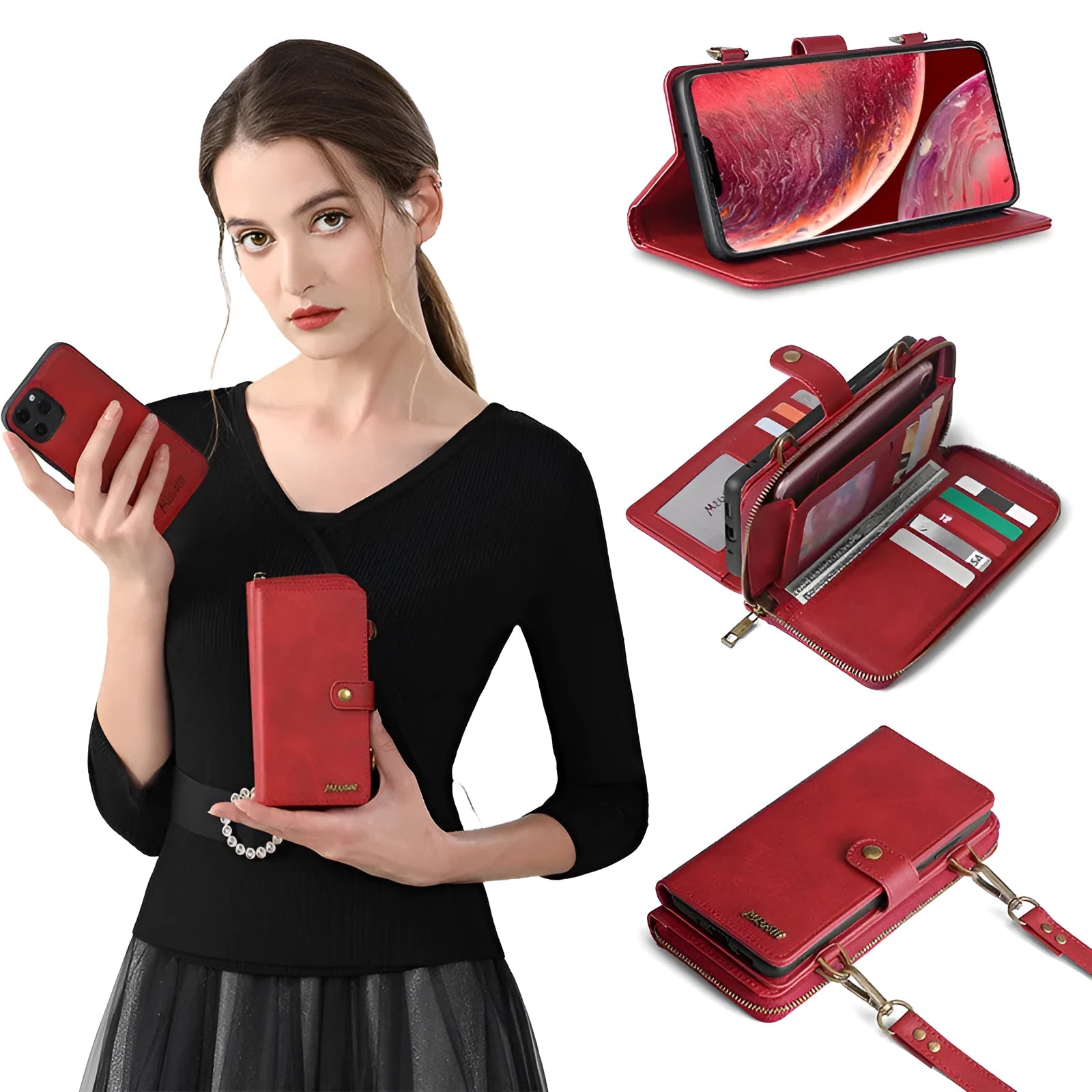 Detachable wallet backpack phone case with leather flip cover for iPhone and Samsung phones