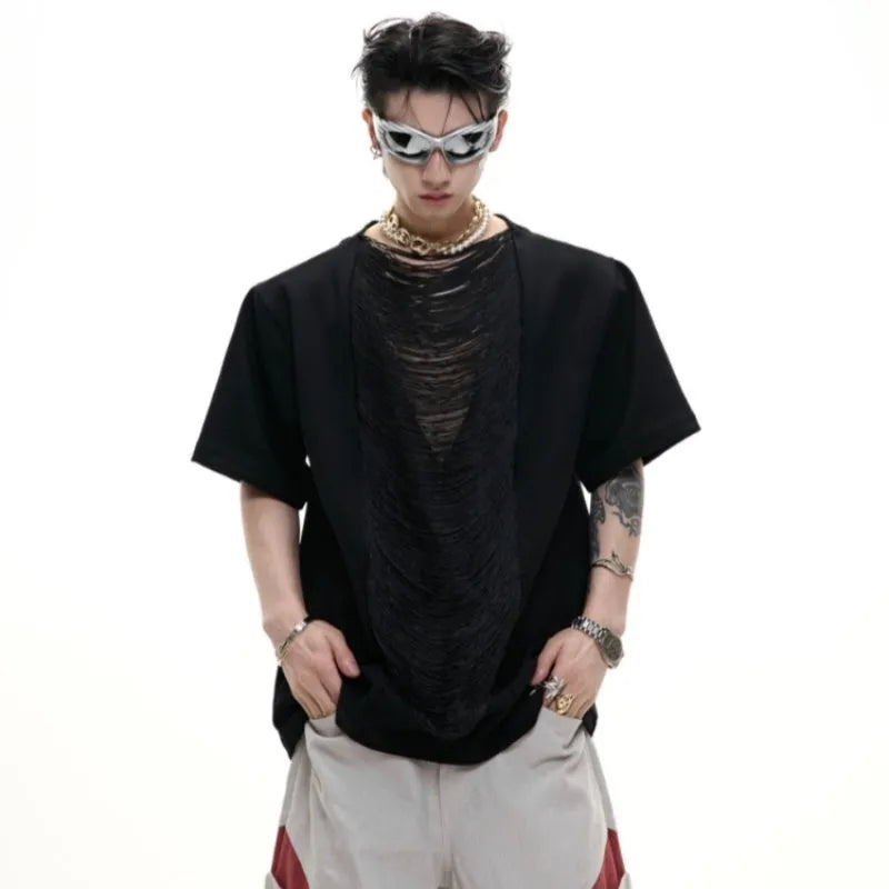 Men's loose black V-neck short sleeve T-shirt with tassel detail on hollow-out polyester fabric.