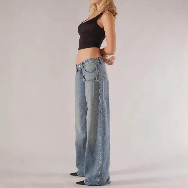 Women's cotton loose wide leg trousers in blue with splicing details