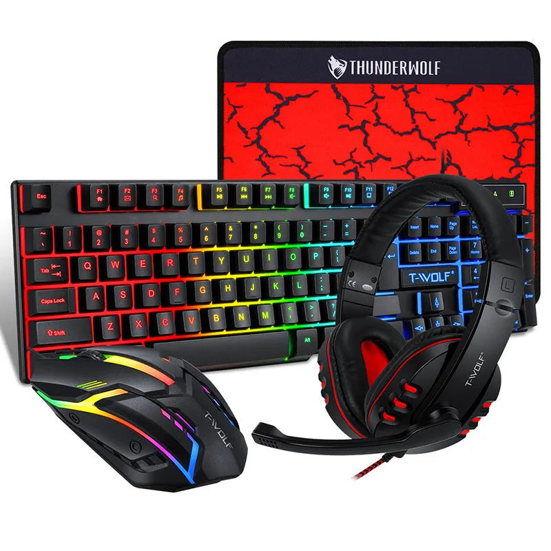 Thunder Wolf gaming keyboard and mouse set with headset and mouse pad bundle