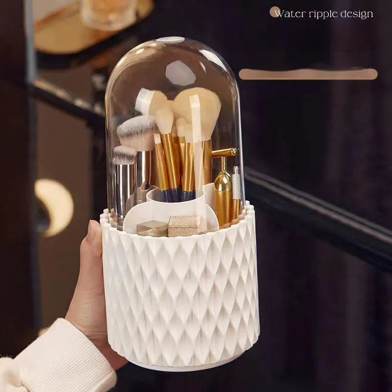 White transparent acrylic makeup brush storage box with rotating base and dustproof lid