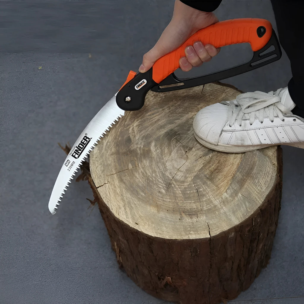 Folding garden saw with TPR grip and 230mm steel blade extended for cutting