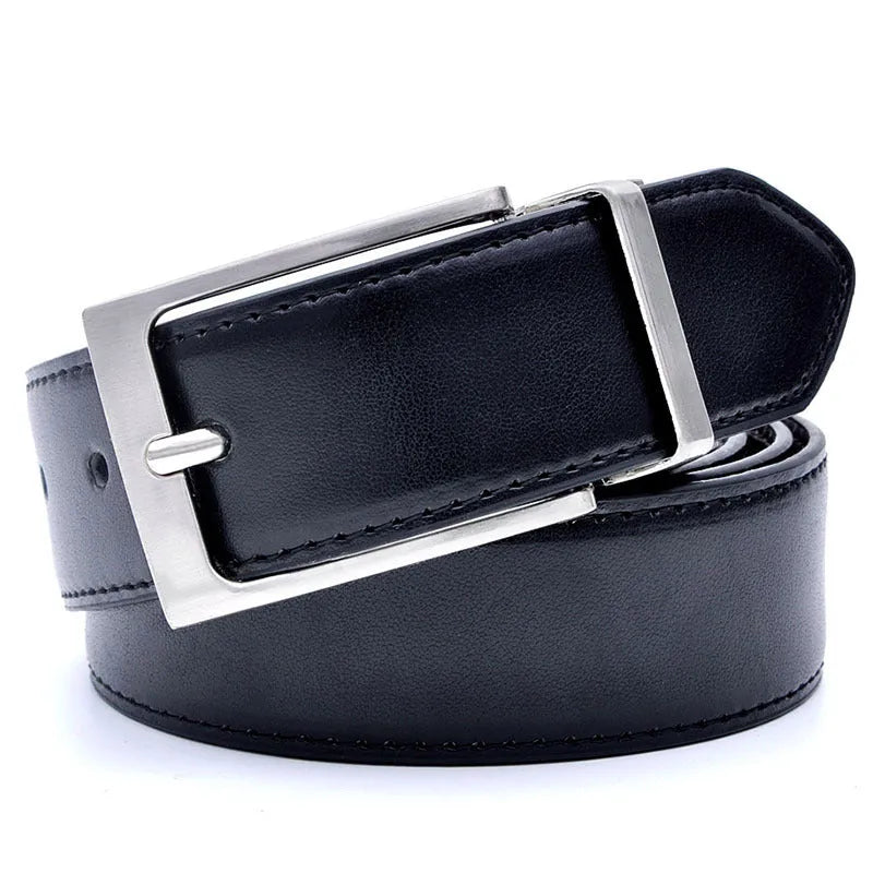 Men's brown black genuine leather belt with rotating alloy pin buckle showing length options