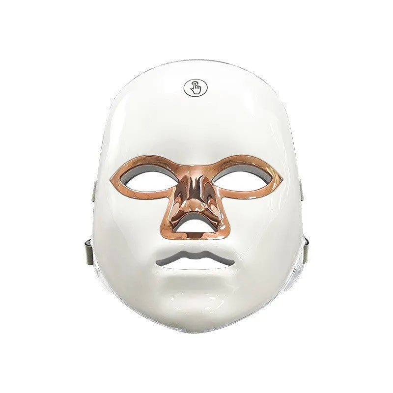 Rechargeable LED light therapy facial beauty mask in black, white, or rose gold trim.