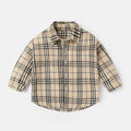 Boys' cotton shirt with lattice check pattern in khaki, available in sizes from 73cm to 110cm height