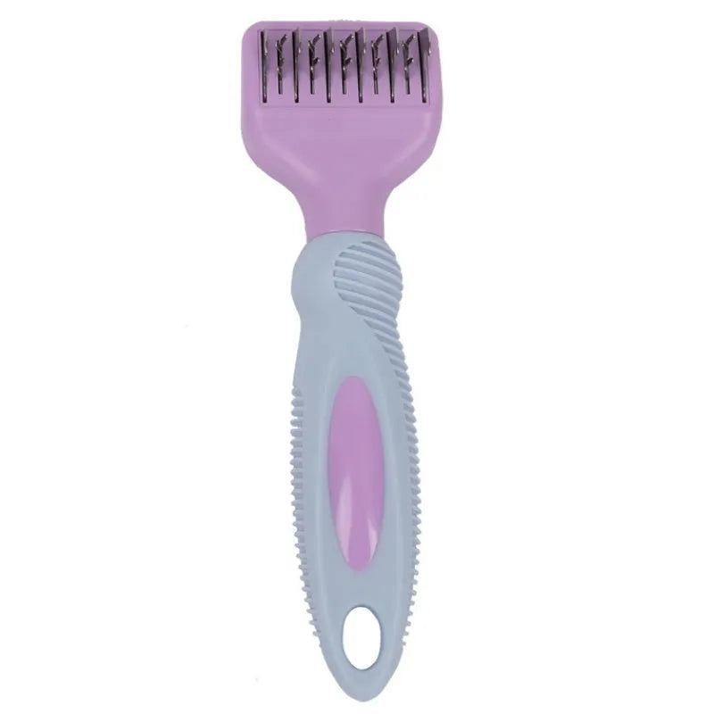 Pink stainless steel pet comb with comb teeth and an integrated knot-cutting knife blade.