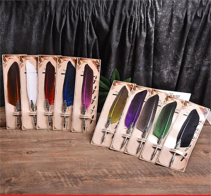 Vintage feather pen with zinc alloy shell in choice of ten colours including black, blue, and red.