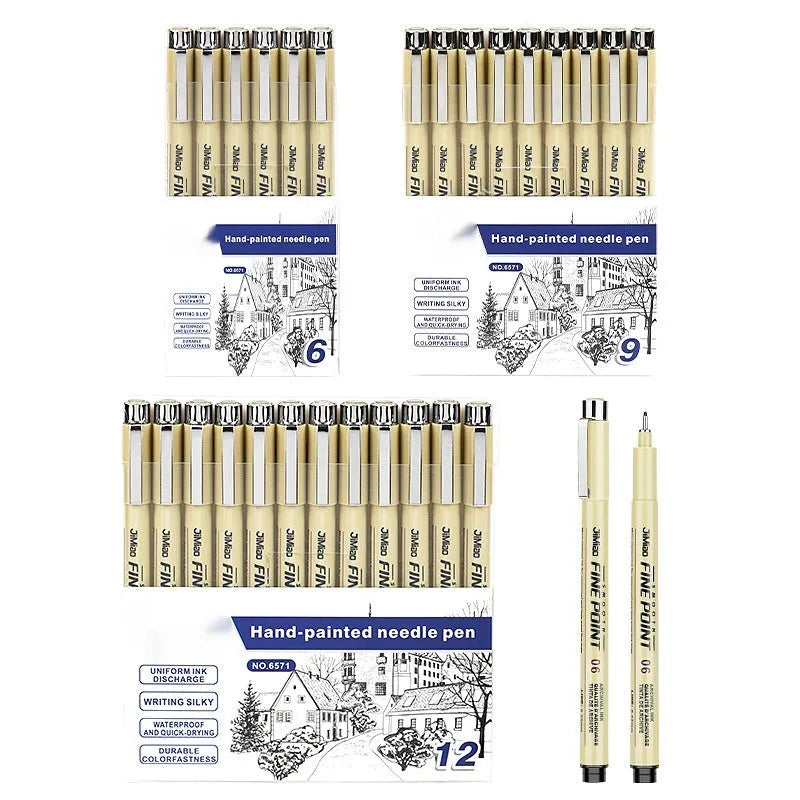 Needle pen with cartoon syringe design showing 133mm black plastic body for drawing and writing