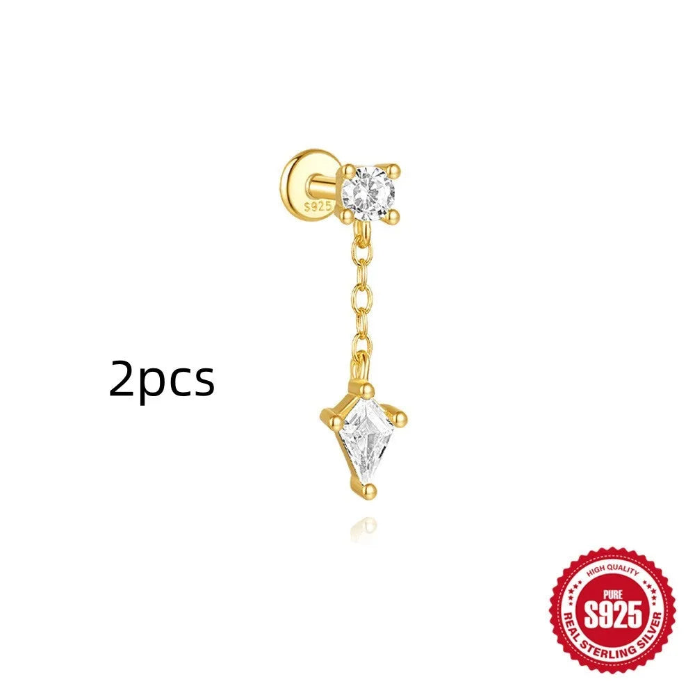 S925 sterling silver geometric kite earrings with rhinestones and chain tassel in gold tone