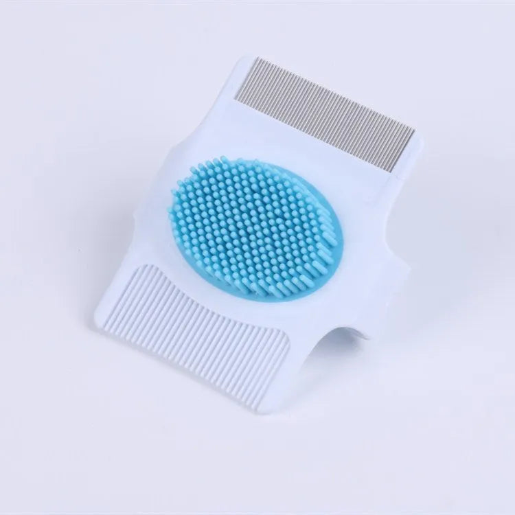 Blue or green multifunctional pet grooming comb with floating hair removal system measuring 8.5cm long