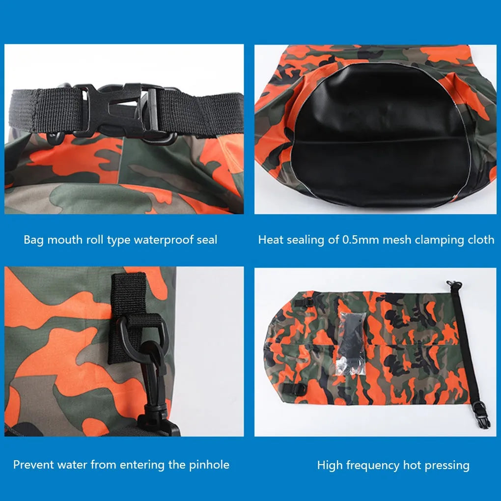 Outdoor waterproof camouflage polyester double shoulder backpack in green, with roll-top closure and foldable design