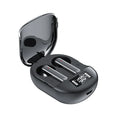 Black wireless Bluetooth headphones with digital display and charging case