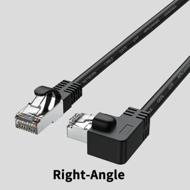 Right-angle Cat6 Ethernet cable with RJ45 connector in various colour options