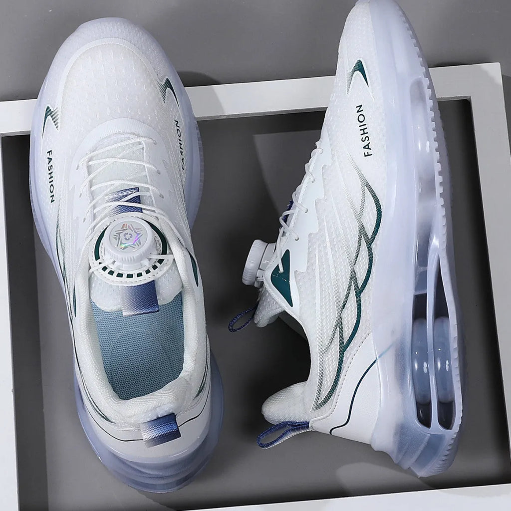 White rotating button youth sports casual shoes with mesh upper and rubber sole.