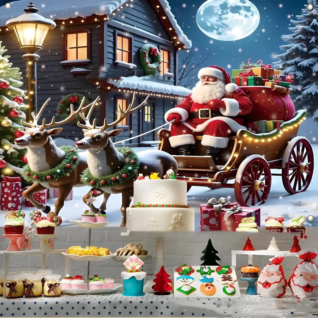 Large red and white Santa Claus Christmas banner with gift design, measuring 210cm wide by 150cm high.