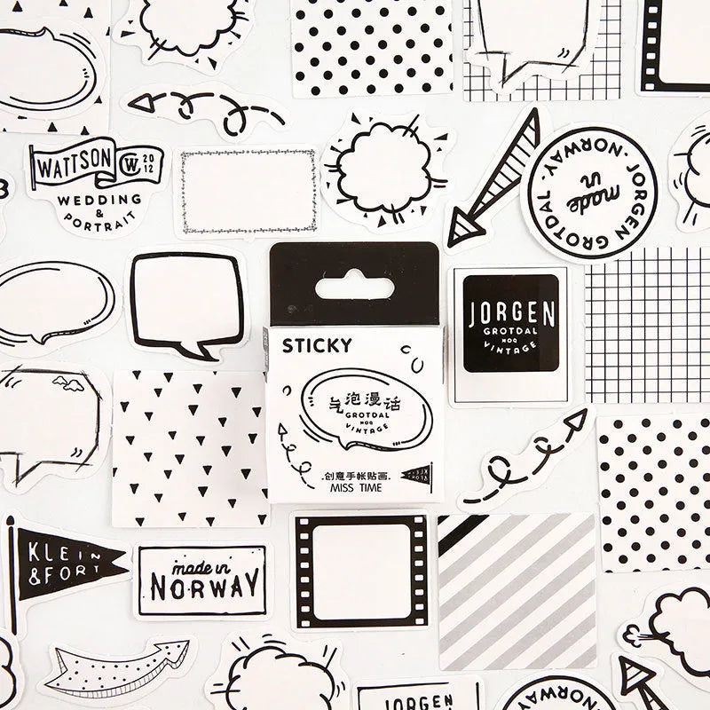Box of 46 small colourful cartoon stickers for journal decoration and children's crafts.
