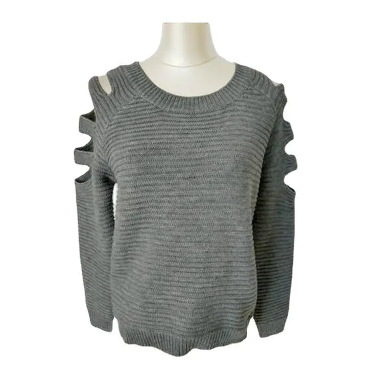 Women's grey knitted pullover shirt with round neck and crocheted hollow-out long sleeves