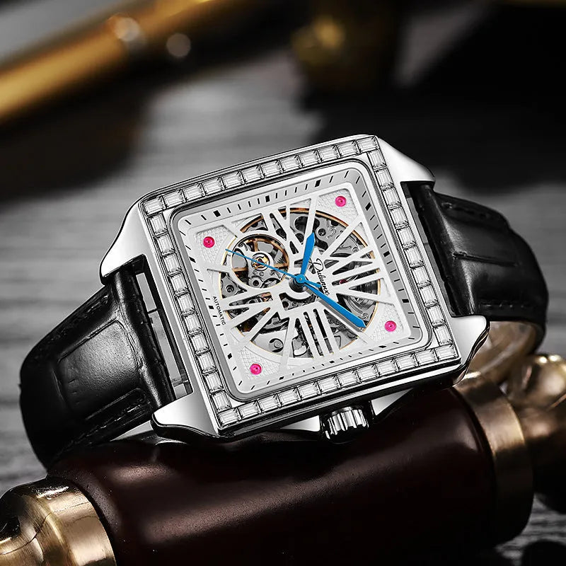 Men's square automatic watch with diamond detailing on stainless steel or leather strap