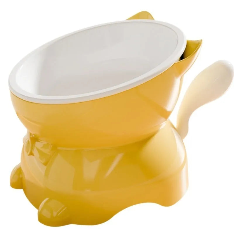 Stainless steel tilted anti-fall cat bowl in black, blue, pink, and yellow colour options.