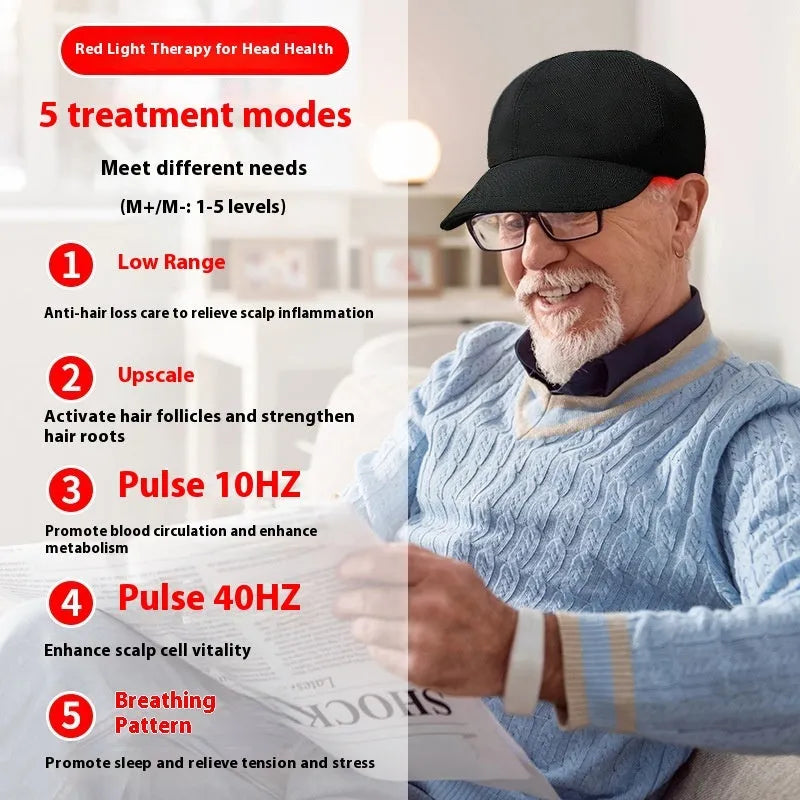Black duckbill cap with 180 red LED lights for hair growth therapy