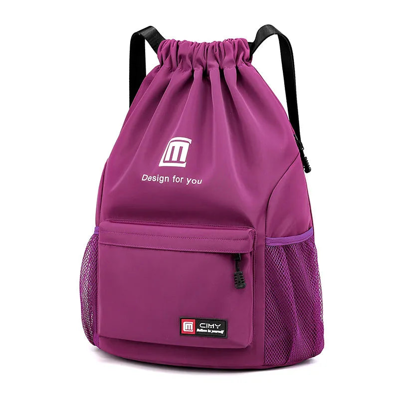 Oxford fabric drawstring travel backpack in multiple colours with double shoulder straps and pull-belt closure