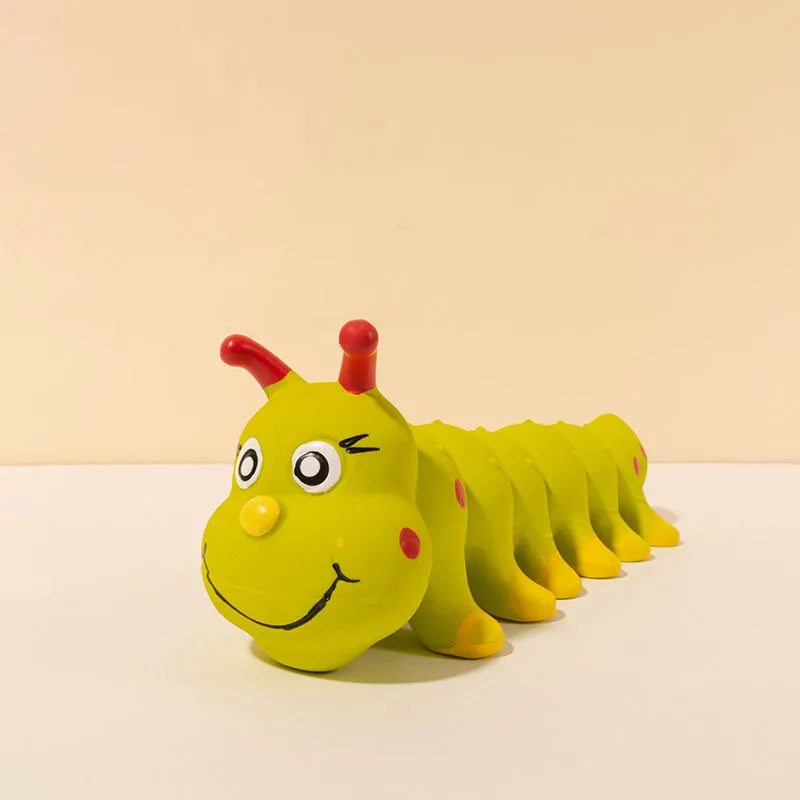 Yellow caterpillar-shaped rubber dog toy with squeaker for small and medium breeds