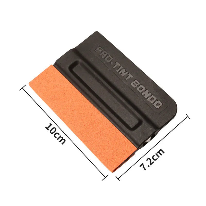 Car film scraper tool with ABS handle and four coloured scraping pads for vehicle wrap application.