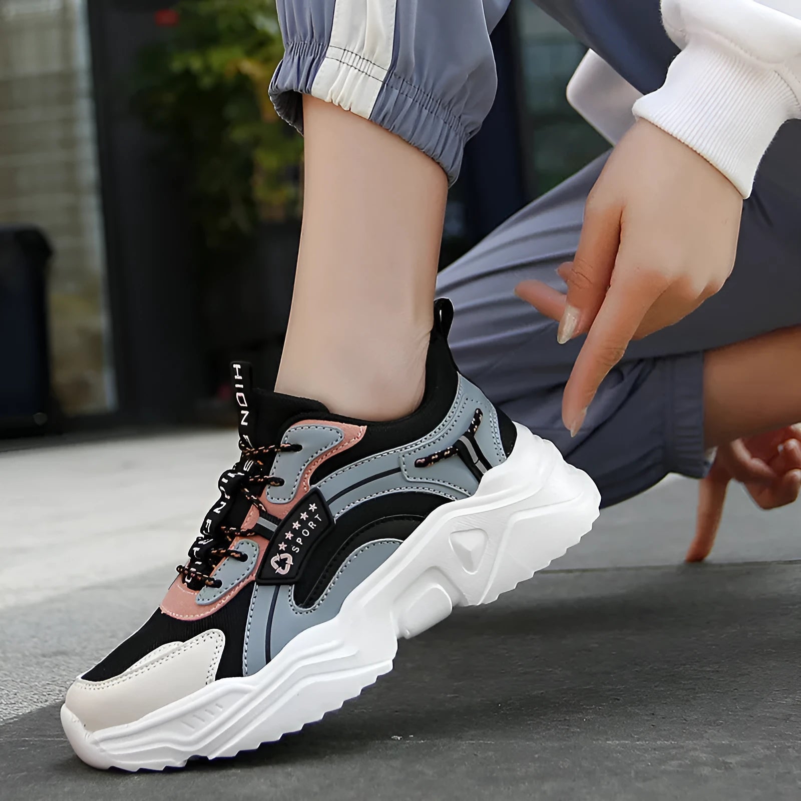 Women's white mesh casual sports shoes with round toe and buckle detail