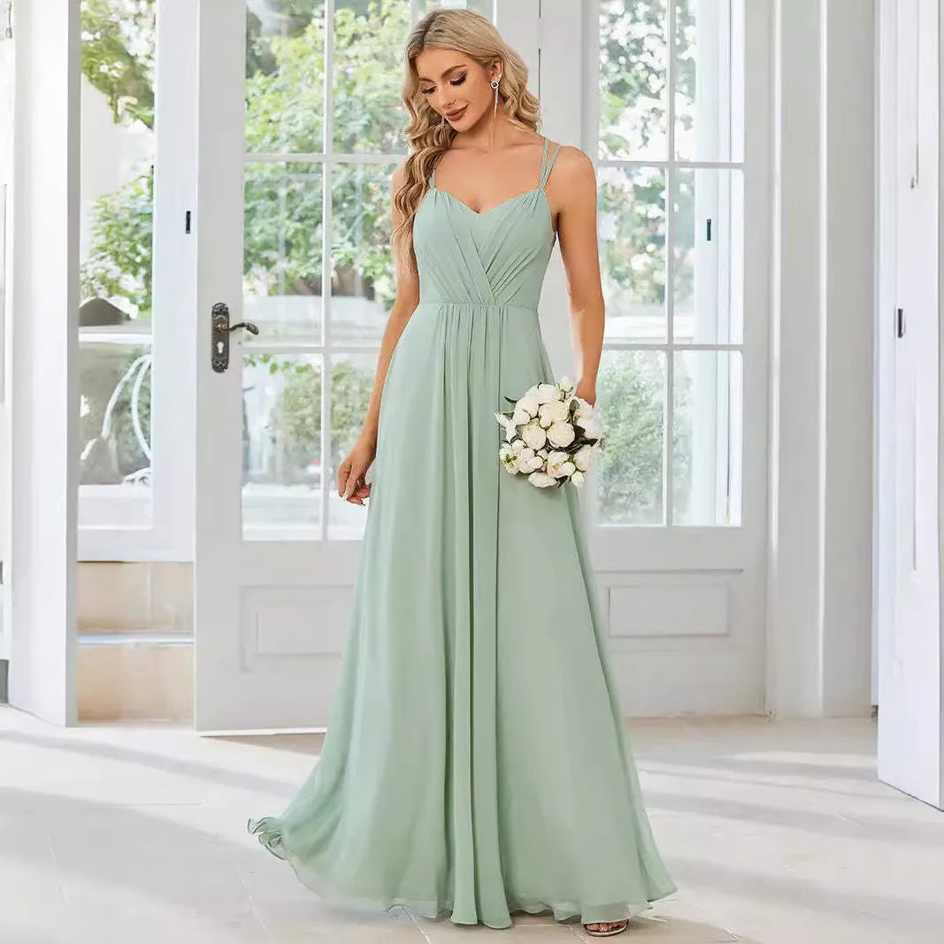 Women's sleeveless A-line long dress with pleated skirt in light green polyester fabric
