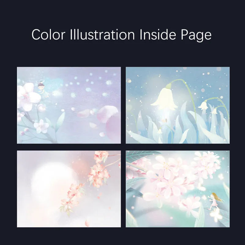 A5 spiral-bound notebook with a luminous holographic cover showing colour illustrations on the open pages.