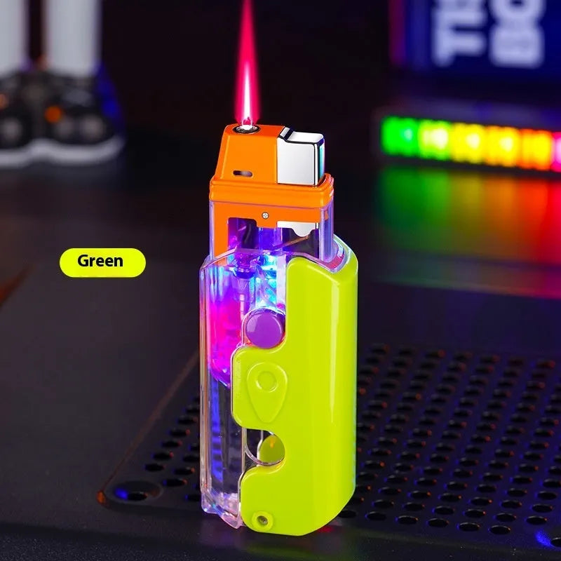 Plastic luminous radish lighter in orange purple and green colours with windproof flame capability