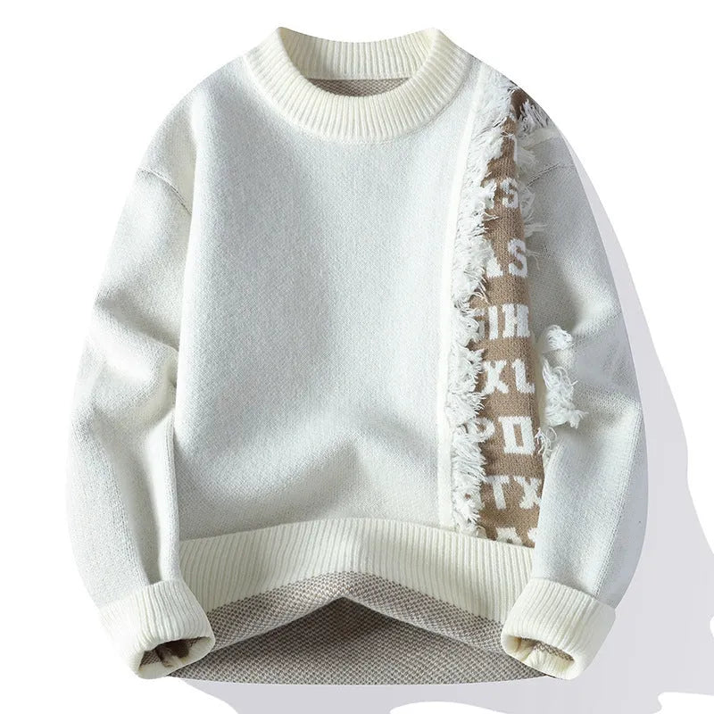 Men's loose fit long sleeve knitted pullover in rabbit fur and polyester, shown in a choice of colours.