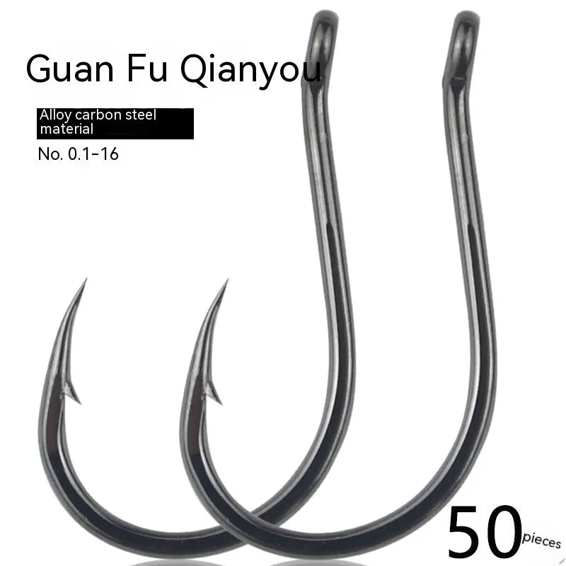 Bulk pack of alloy carbon steel barbed fishing hooks with crooked mouth and hole ring for rock and sea fishing.