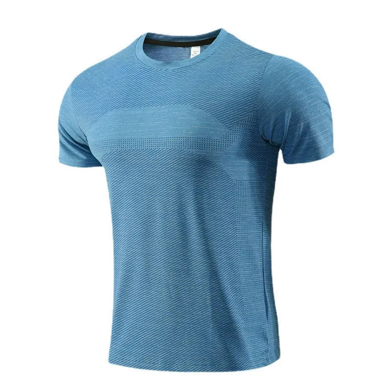 Men's short sleeve running t-shirt in polyester spandex fabric on a hanger